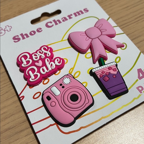 Pink, Purple, and White Boss Babe, Camera, Bow, Boba Croc Shoe Charms 4-Pack Set - Picture 2 of 4